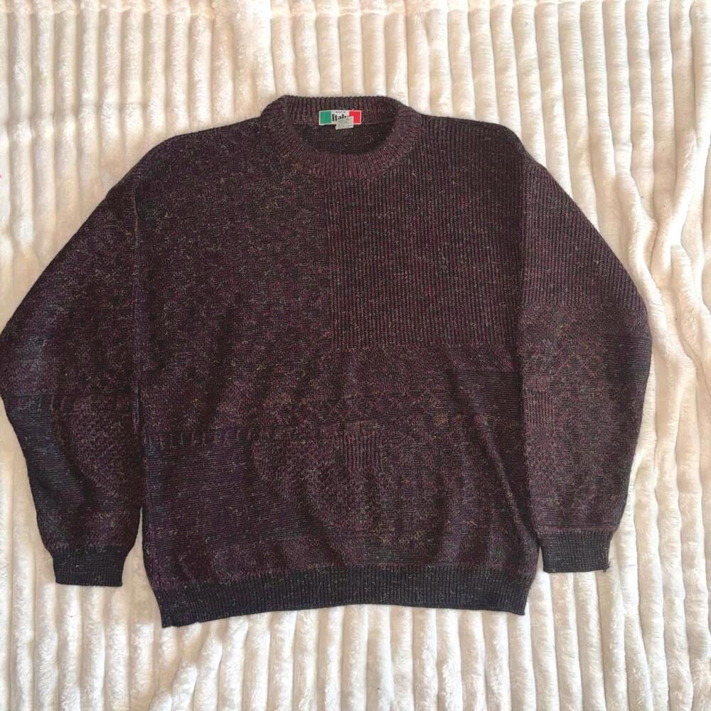 Vintage Mens Geometric Textured Pattern Wool Blend Sweater Made in Italy Grandpa